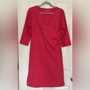Soft Surroundings Coral Pink Surplice Faux Wrap 3/4 Sleeve Dress Petite Small